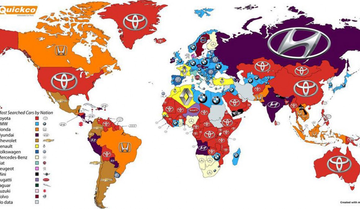 The world map marks most wanted cars in Google by country